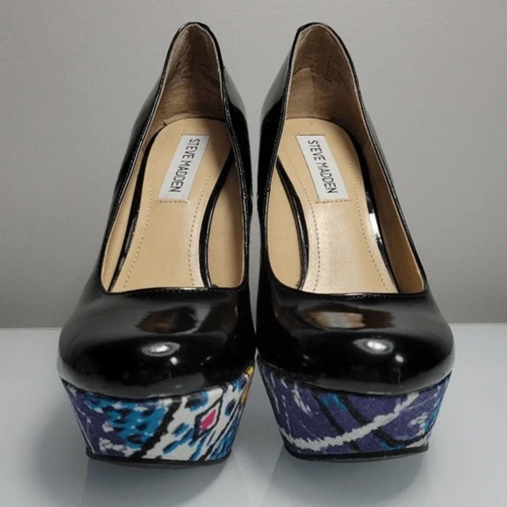 Steve Madden Unique Platform Chunky Heels 6.5 Wedge‎ Black Patent Leather Ikat